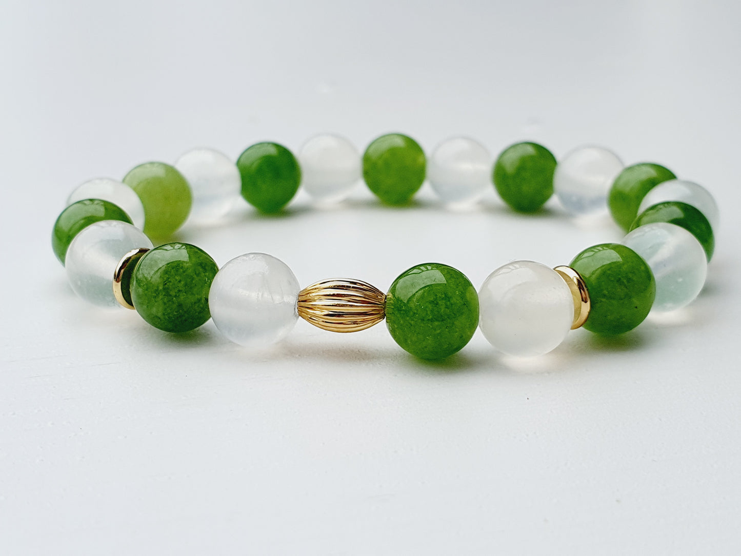 Peridot and Selenite Bracelet from Natural Stone 8mm Beaded, Gift Box Jewellery