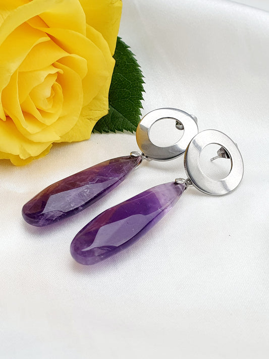 Earrings from natural stone Amethyst, silver plated, gift box jewellery, Handmade in Uk
