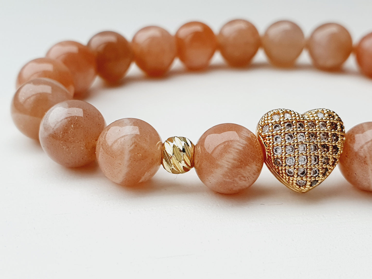 Sunstone Bracelet Natural Stone 8mm Beaded, Gold Plated Heart, Gift Box Jewellery