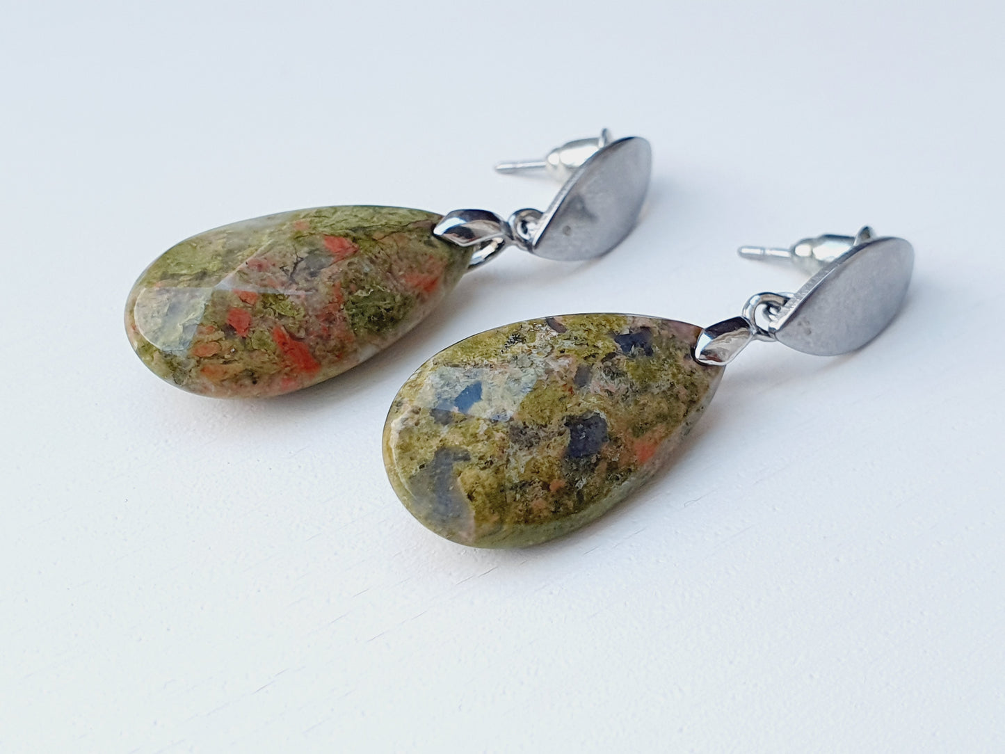 Earrings From Natural Stone Unakite, Silver Plated, Gift Box Jewellery, Handmade in Uk