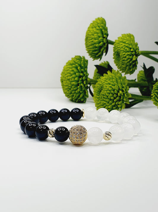 Selenite and Obsidian gemstone bracelet with gold plated zircon round 8mm bead