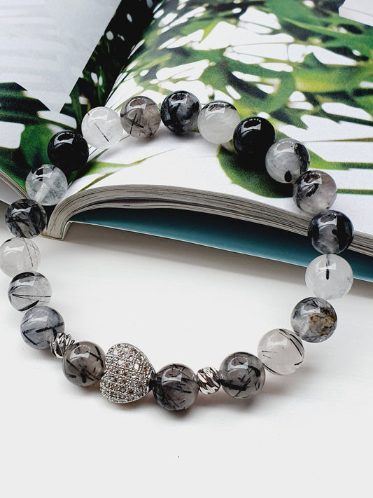 Tourmaline Quartz gemstone bracelet with silver plated zircon heart 8mm bead