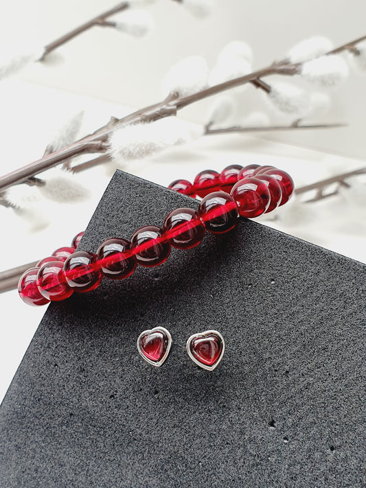 Garnet natural stone jewellery set, bracelet and earrings 925 silver, 8mm beaded