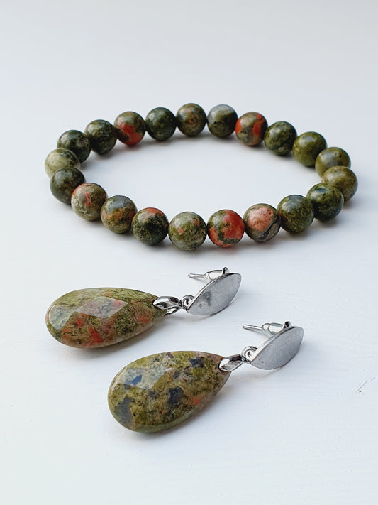 Unakite natural stone jewellery set, bracelet and earrings, 8mm beaded, Silver plated, Handmade in Uk