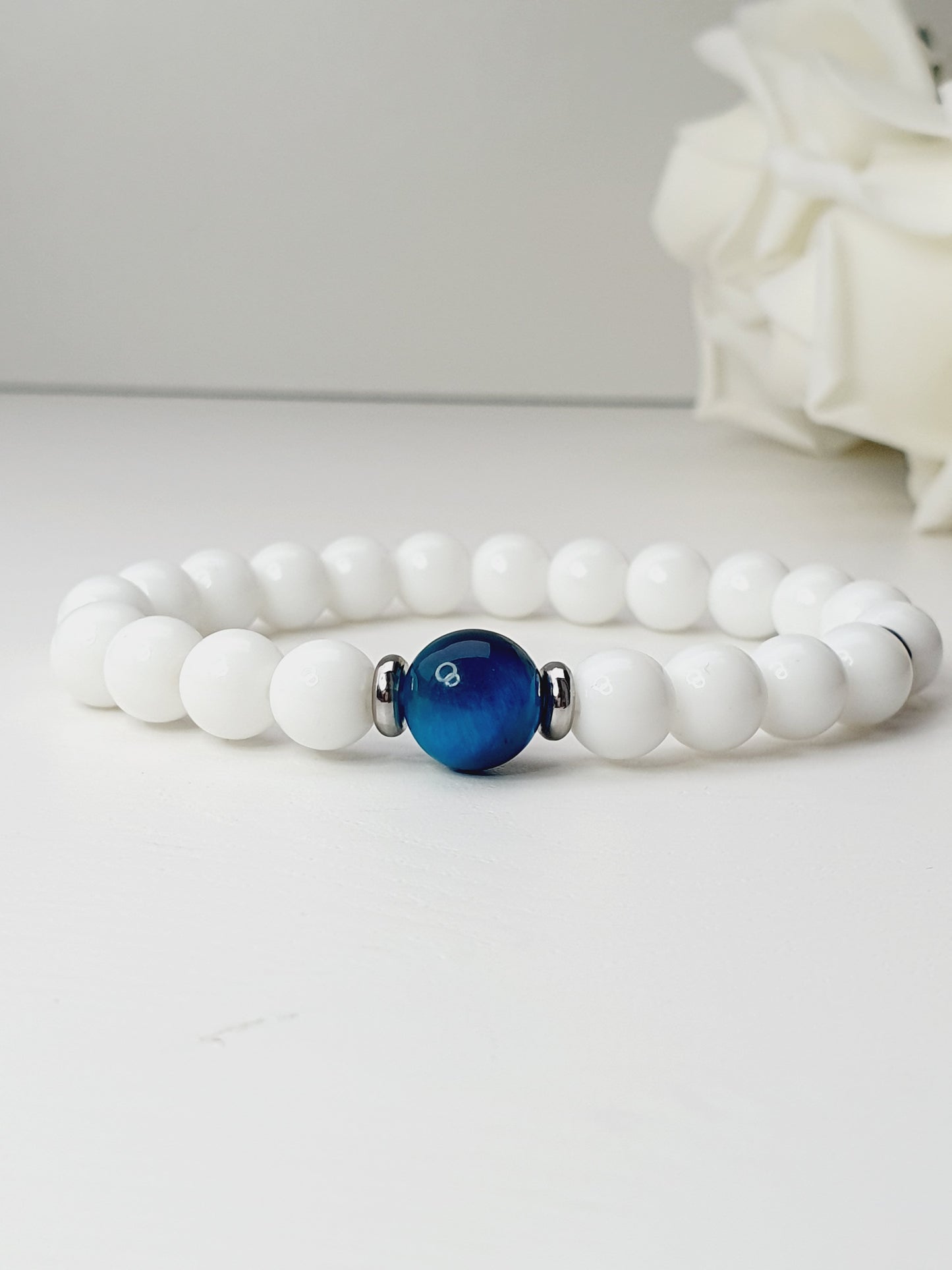 White Onyx and Tiger eye bracelet from natural stone, gift box jewellery, gemstone, handmade in Uk
