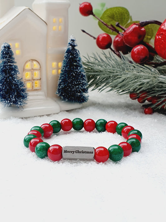 Christmas bracelet from Coral and Jade natural stone 8mm beaded, 304 stainless steel with sign Merry Christmas, gift box jewellery, UK