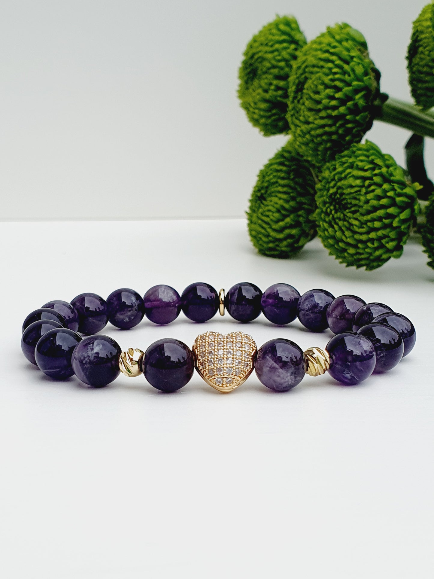 Amethyst bracelet with heart gold plated natural stone 8mm bead