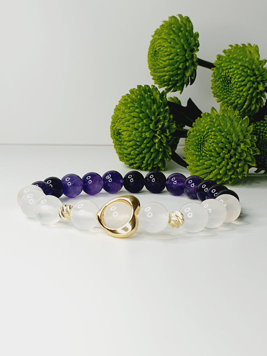 Selenite and Amethyst natural stone bracelet 8mm bead