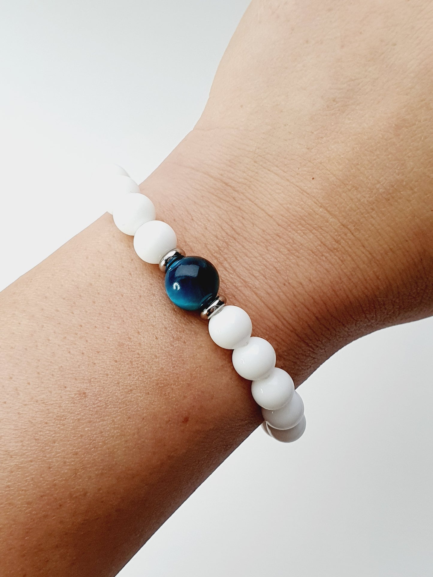 White Onyx and Tiger eye bracelet from natural stone, gift box jewellery, gemstone, handmade in Uk
