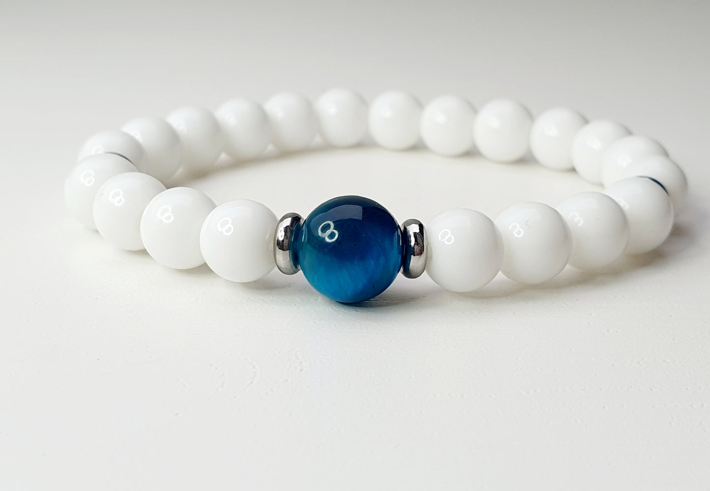 White Onyx and Tiger eye bracelet from natural stone, gift box jewellery, gemstone, handmade in Uk