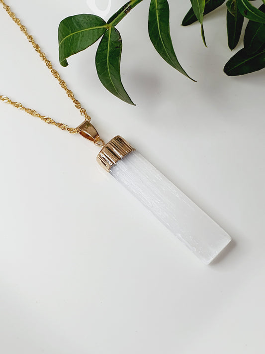 Necklace From Natural Stone Selenite Pendant, 18k Gold Plated, Gift Box Jewellery, Handmade In Uk