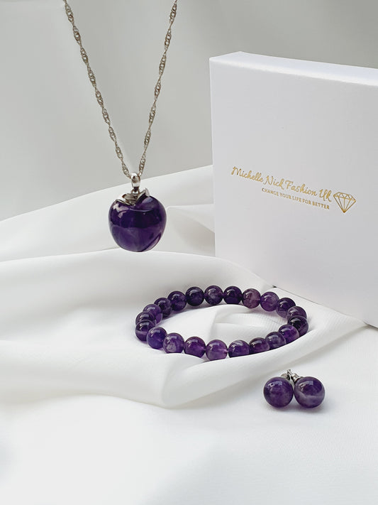 Amethyst natural stone jewellery set, bracelet earrings necklace with apple pendant, 8mm beaded, 925 silver