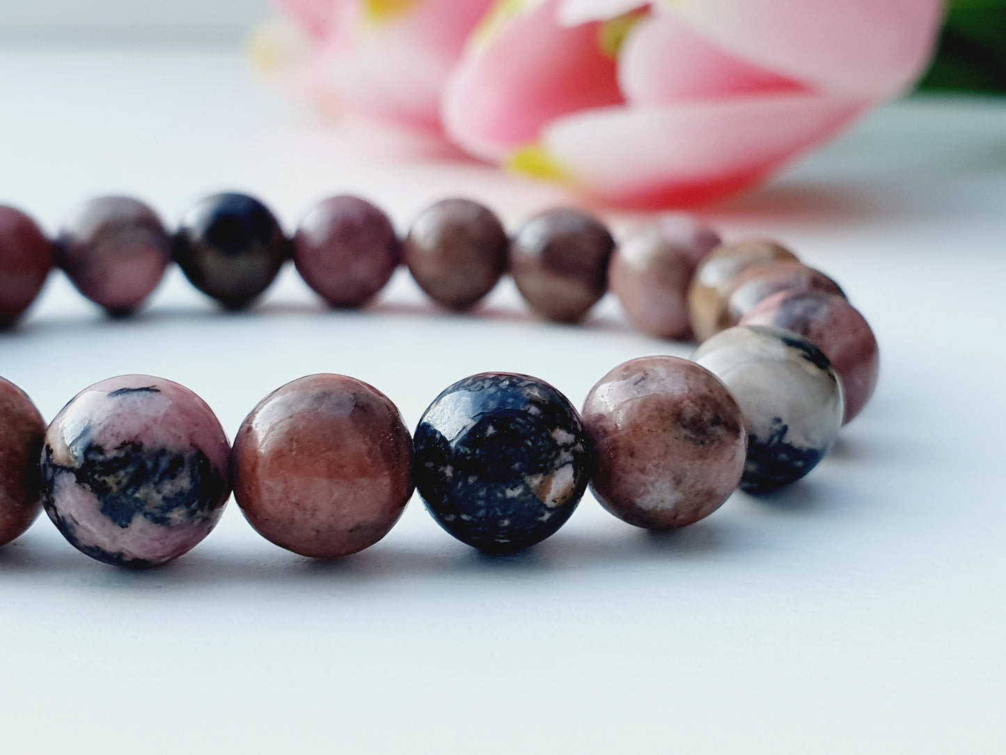Rhodonite bracelet from natural stone 8mm beaded, gift box jewellery