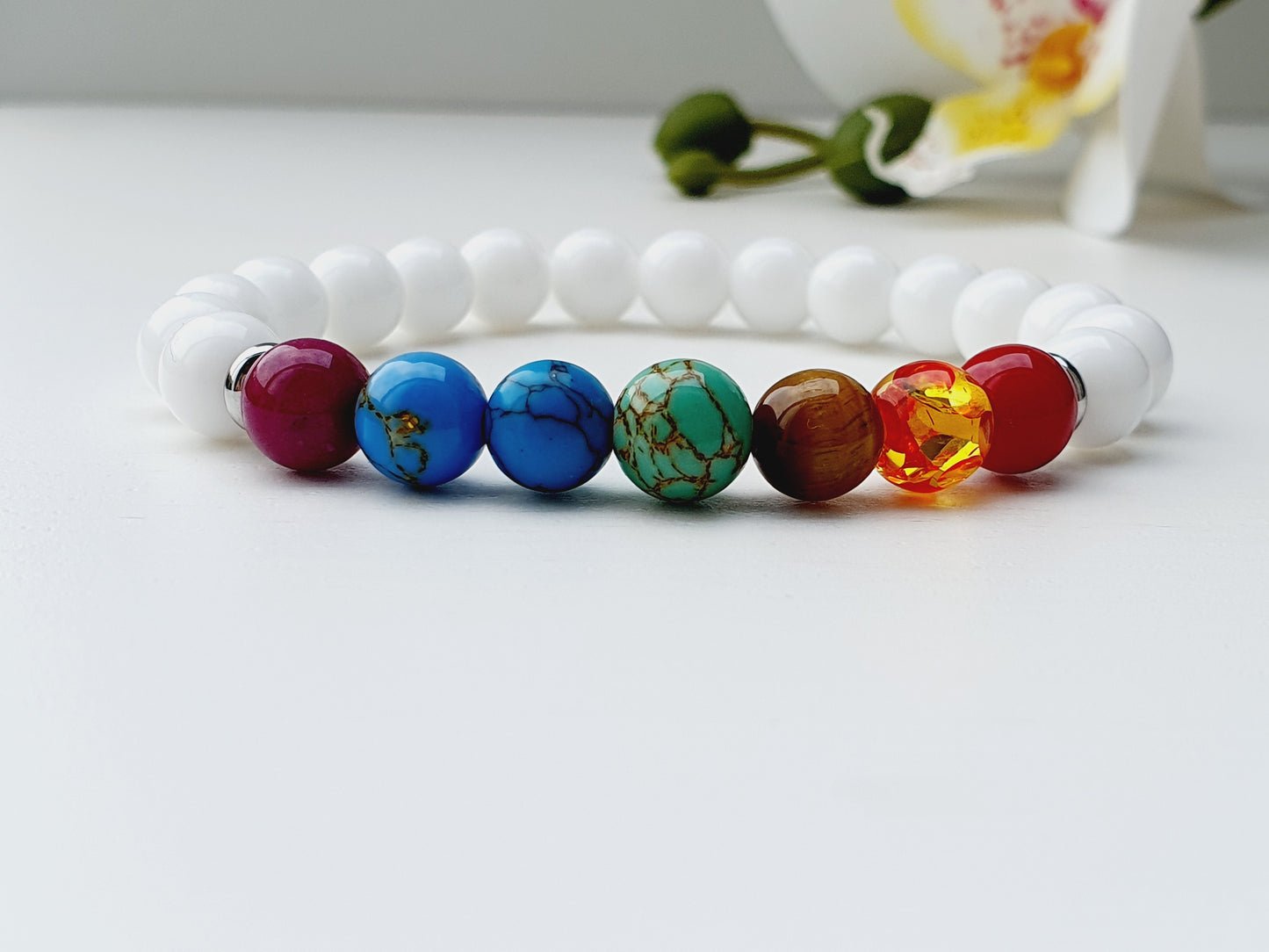 White Onyx 7 Chakra bracelet from natural stone 8mm beaded, gift box jewellery, gemstone, Uk