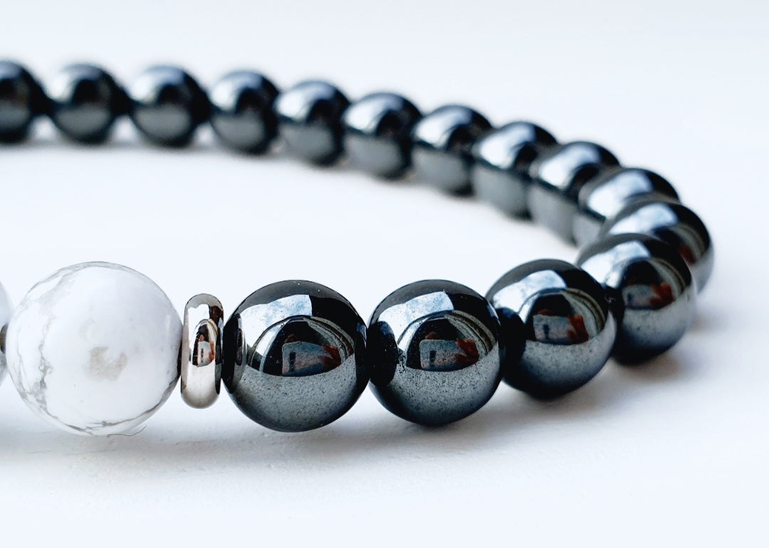 Howlite and Hematite natural stone bracelet 8mm beaded, charm cross, gift box jewellery