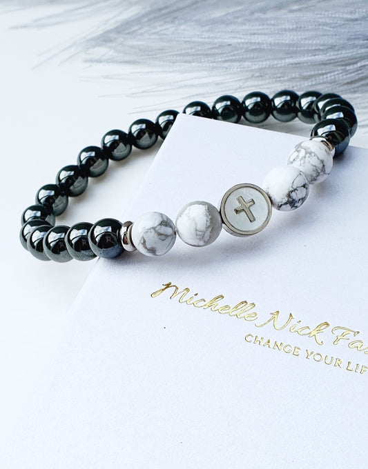 Howlite and Hematite natural stone bracelet 8mm beaded, charm cross, gift box jewellery
