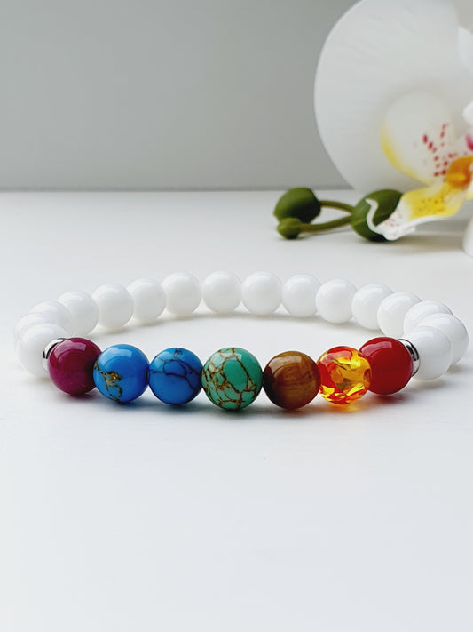 White Onyx 7 Chakra bracelet from natural stone 8mm beaded, gift box jewellery, gemstone, Uk