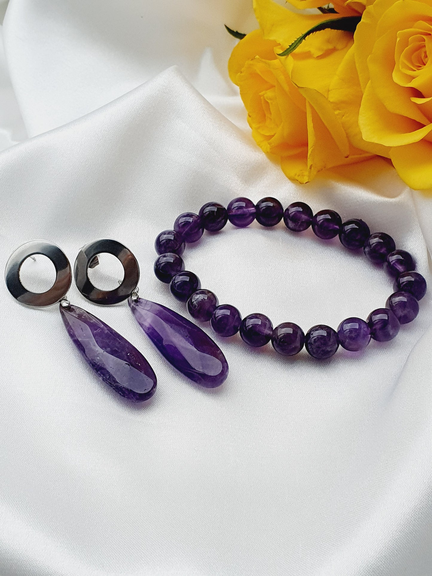 Amethyst natural stone jewellery set, bracelet and earrings, 8mm beaded, Silver plated, Handmade in Uk