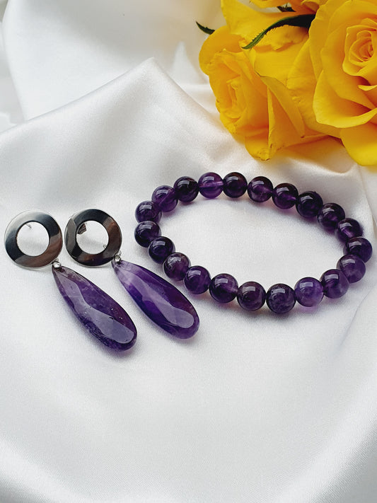 Amethyst natural stone jewellery set, bracelet and earrings, 8mm beaded, Silver plated, Handmade in Uk