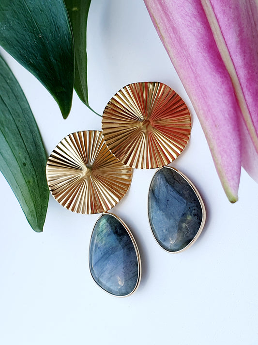 Earrings from natural stone Labradorite, 18k gold plated, gift box jewellery, Handmade in Uk