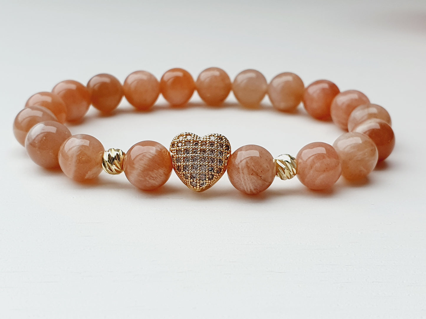 Sunstone Bracelet Natural Stone 8mm Beaded, Gold Plated Heart, Gift Box Jewellery