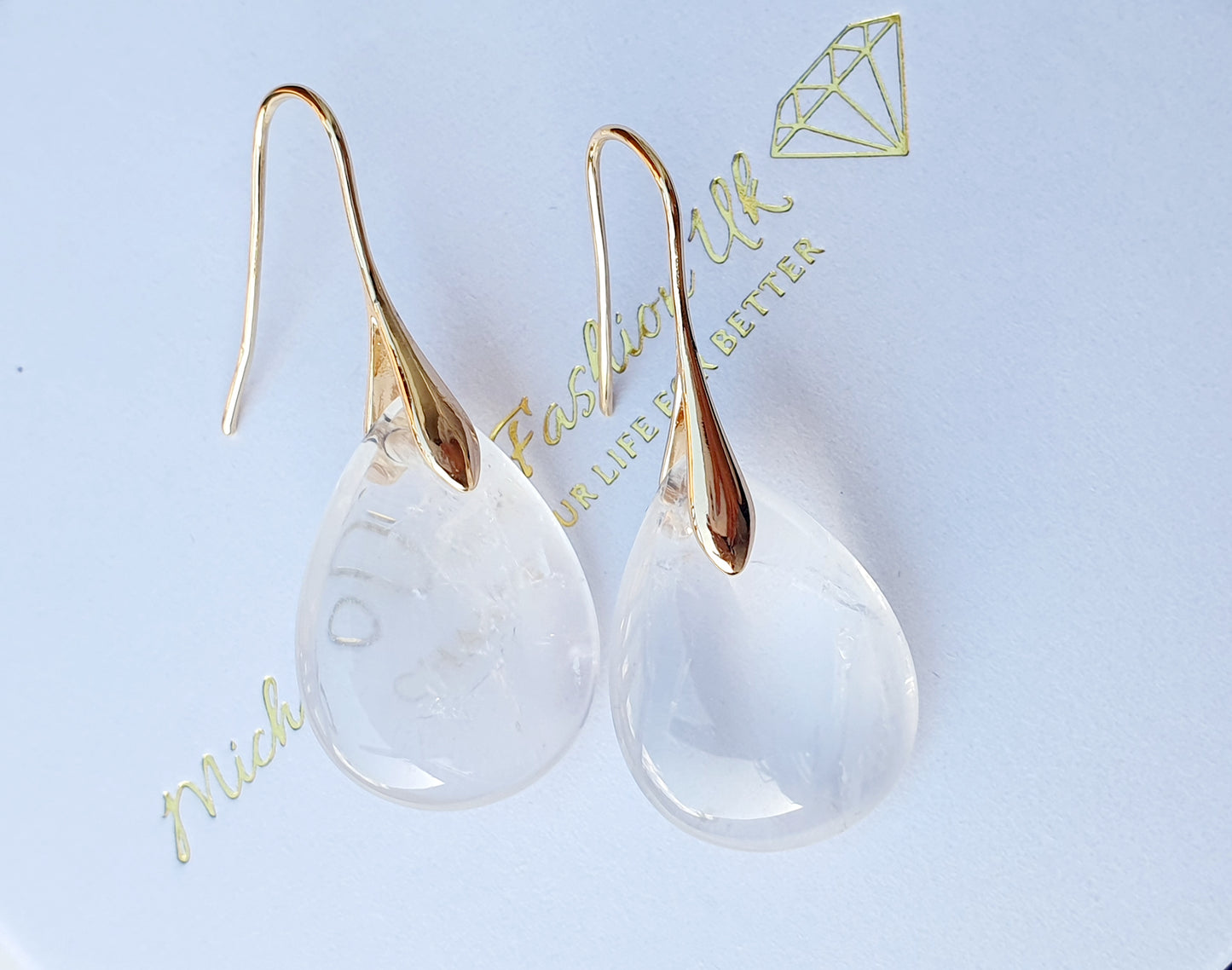 Selenite natural stone earrings 18k gold plated, gift box jewellery, handmade, UK