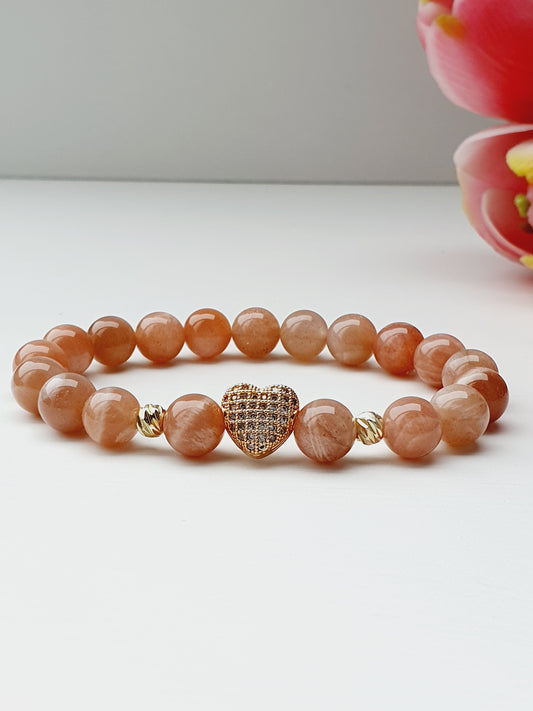 Sunstone Bracelet Natural Stone 8mm Beaded, Gold Plated Heart, Gift Box Jewellery