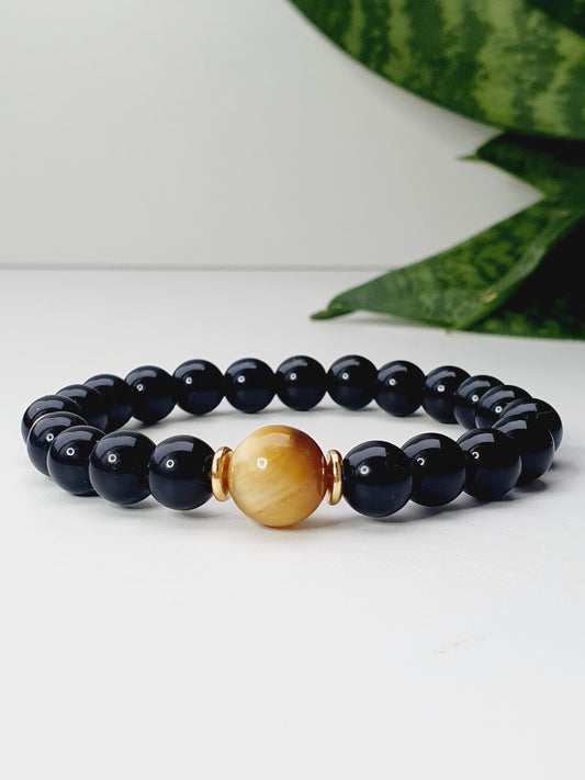 Black Onyx and Tiger eye bracelet from natural stone, gift box jewellery, gemstone, handmade in Uk
