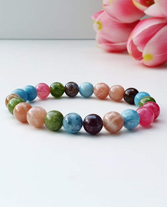 Bracelet From Natural Stone Larimar Tourmaline Sunstone Agate Emerald 8mm Beaded, Gift Box Jewellery