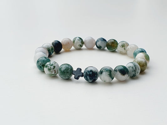 Moss agate and Hematite natural gemstone bracelet 8mm bead