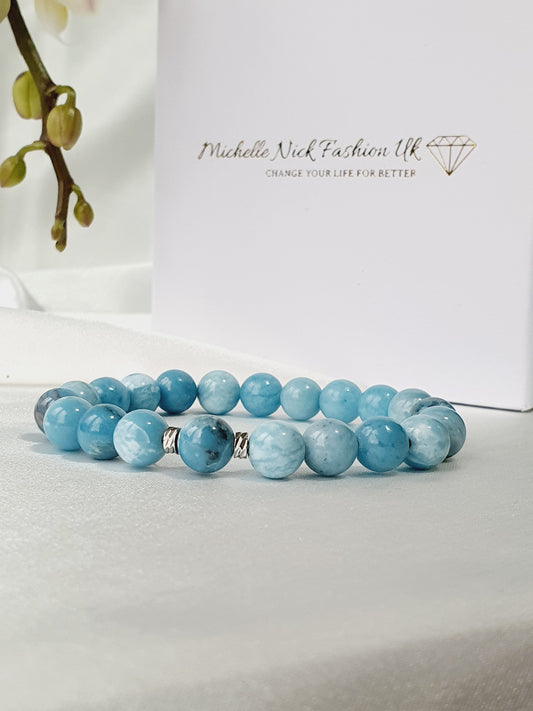 Larimar Bracelet Natural Stone 8mm Beaded, Gift Box Jewellery