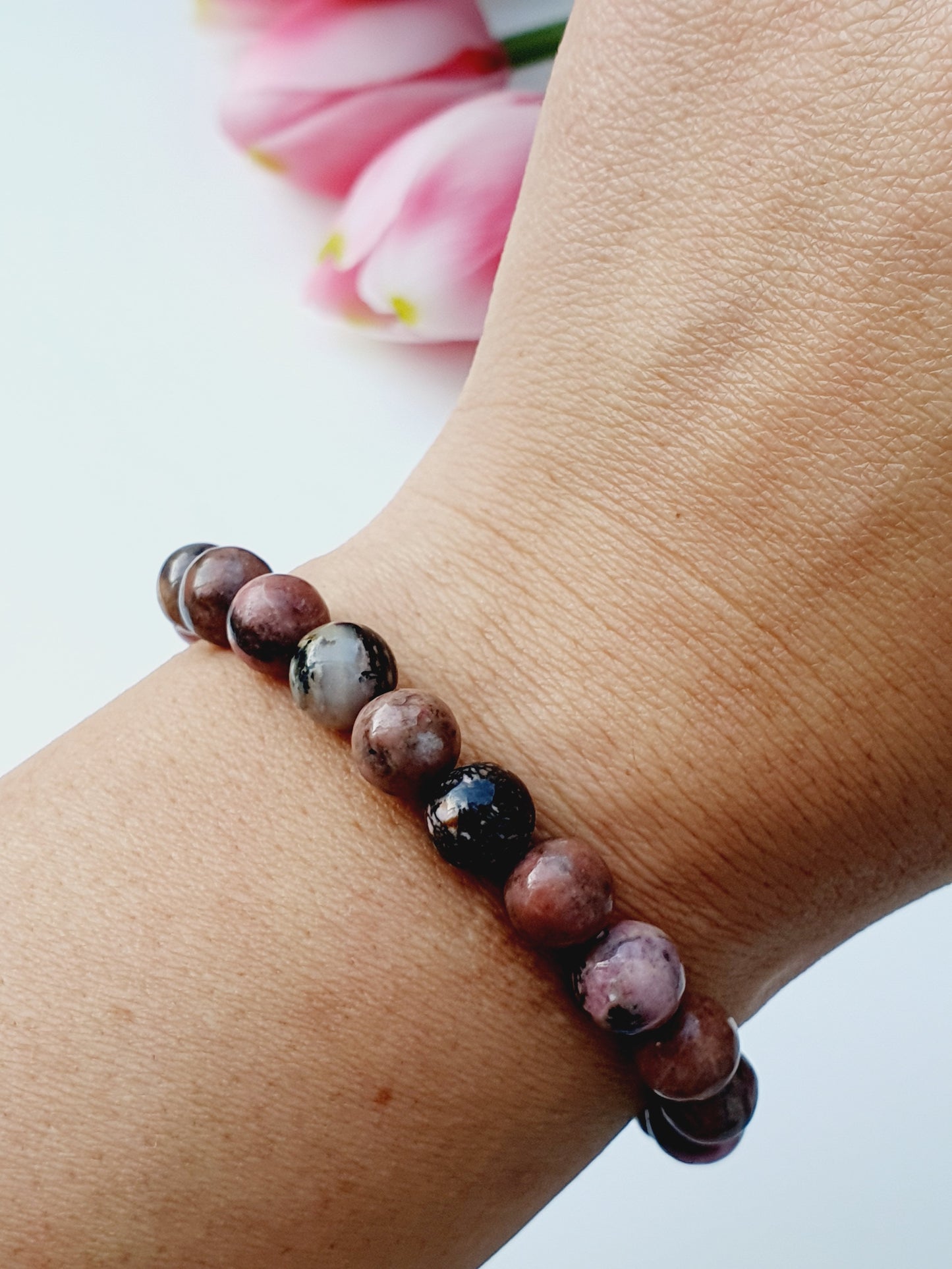 Rhodonite bracelet from natural stone 8mm beaded, gift box jewellery