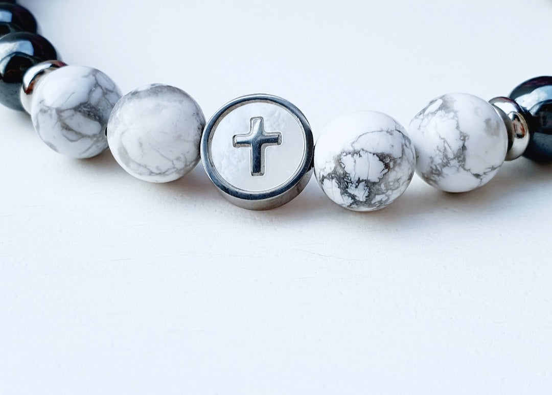 Howlite and Hematite natural stone bracelet 8mm beaded, charm cross, gift box jewellery