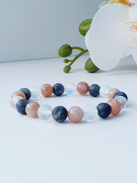 Bracelet From Natural Stone Labradorite Sunstone Moonstone 8mm Beaded, Gift Box Jewellery