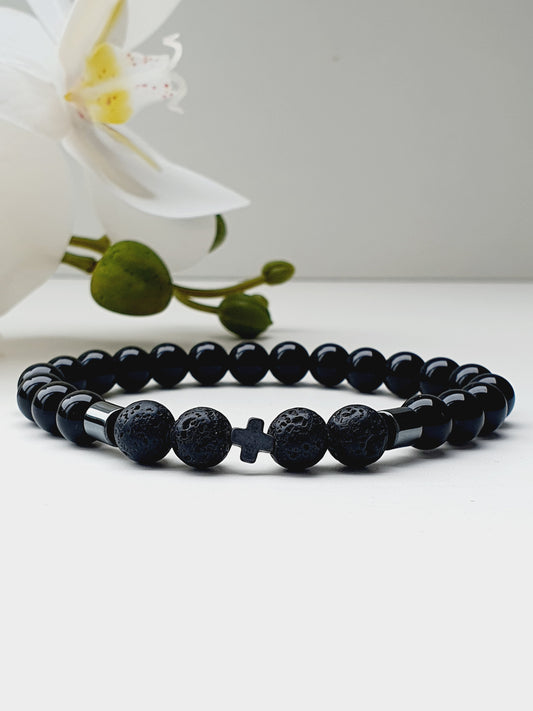 Obsidian And Lava Natural Stone Bracelet 8mm Beaded, Hematite Cross, Gift Box Jewellery