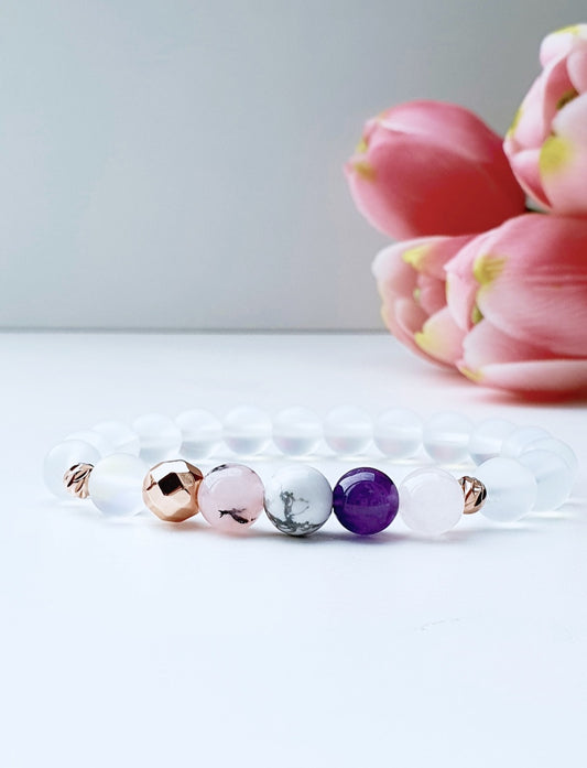 Moonstone, Rose Quartz, Howlite, Opal Amethyst, bracelet from natural stone 8mm beaded, rose gold spacer, gift box jewellery, UK