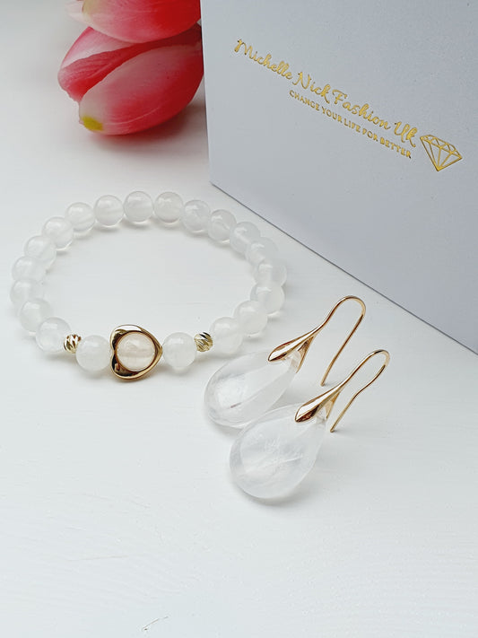 Selenite natural stone jewellery set, bracelet and earrings, 8mm beaded, 18k gold plated, Handmade in Uk