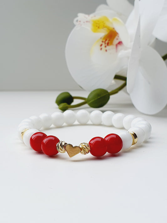 Onyx and Coral natural stone bracelet with heart gold plated 8mm bead