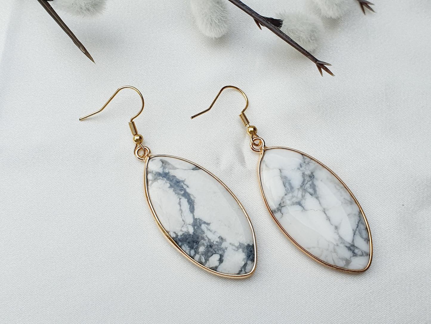 Earrings from natural stone Howlite, 18k gold plated, gift box jewellery, Handmade in Uk