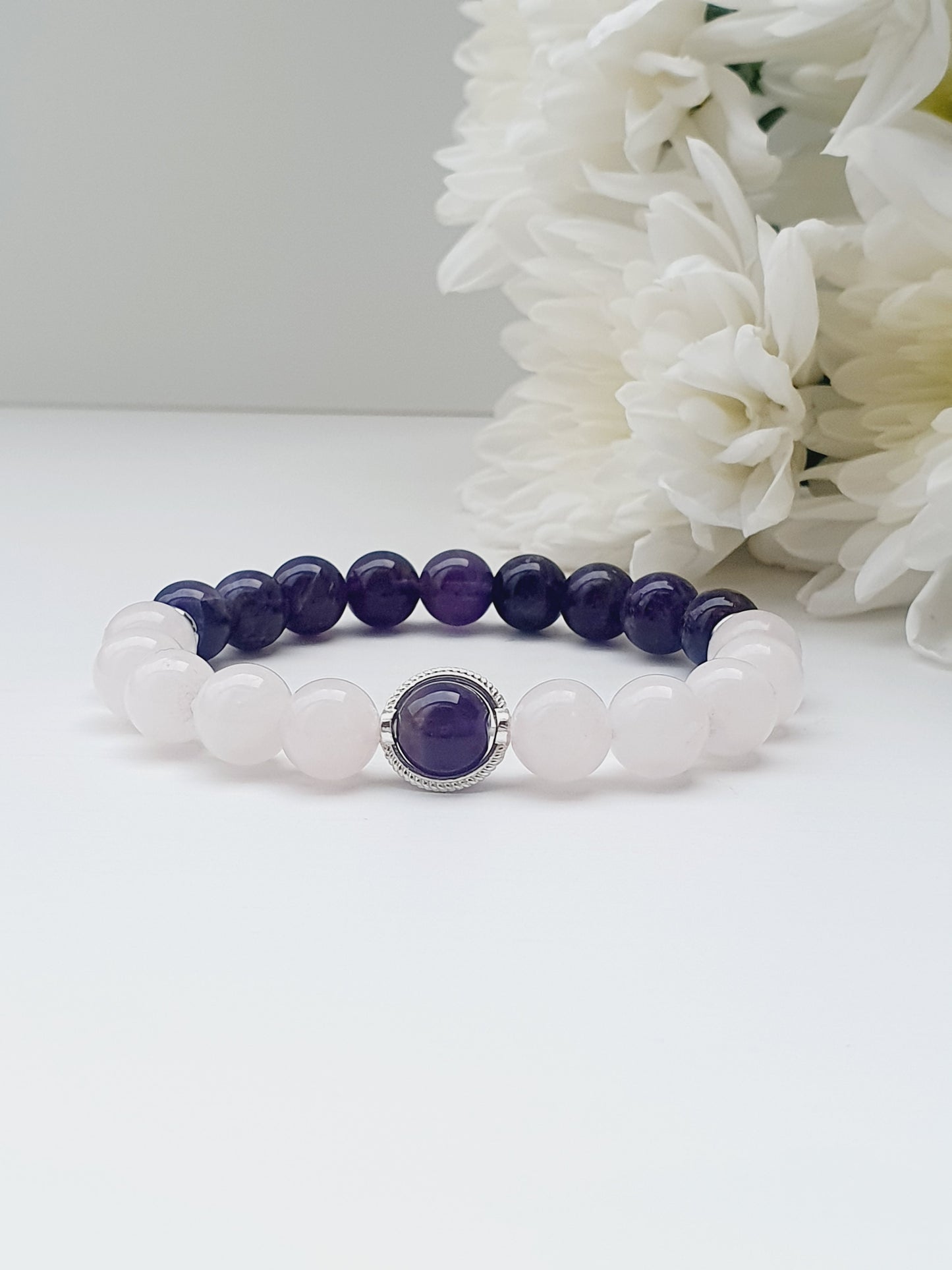 Rose Quartz and Amethyst natural stone bracelet 8mm bead