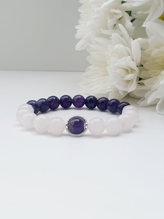 Rose Quartz and Amethyst natural stone bracelet 8mm bead