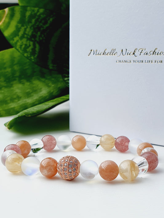 Cocktail bracelet from natural stone 8mm beaded Moonstone, Sunstone, Strawberry Quartz, Mountain Crystal, Citrine, gift box jewellery, UK